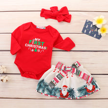 Load image into Gallery viewer, My First Christmas Girl Clothes Baby Girl Clothes Set 3Pcs Pure Red Tops Bodysuit+Bow Skirt+Headband Baby Christmas