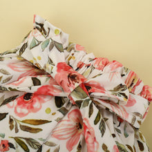 Load image into Gallery viewer, 3Pcs Baby Girl Outfit Set Solid Color Short Sleeve Ruffle Button Closure Romper Short Flower Waist Belt Pants Hair Band