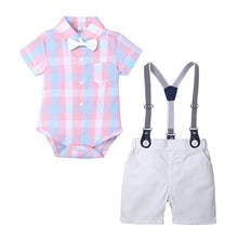 Load image into Gallery viewer, Baby Boy Suit Dress Plaid Shirt Bow Tie Short-Sleeved Jumpsuit Straps Shorts