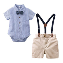 Load image into Gallery viewer, Baby Boy Suit Dress Plaid Shirt Bow Tie Short-Sleeved Jumpsuit Straps Shorts