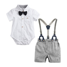 Load image into Gallery viewer, Baby Boy Suit Dress Plaid Shirt Bow Tie Short-Sleeved Jumpsuit Straps Shorts