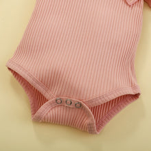 Load image into Gallery viewer, 3Pcs Baby Girl Outfit Set Solid Color Short Sleeve Ruffle Button Closure Romper Short Flower Waist Belt Pants Hair Band
