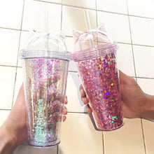 Load image into Gallery viewer, Plastic BPA Free Water Bottle with Straw Flash Cat Ear Double Drinking Bottle Gift for Friend Child Drinkware - smilybee