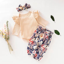 Load image into Gallery viewer, Baby Girl Clothes Long Sleeve Ruffles Solid Romper And Floral Pants And Headband Outfits