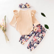 Load image into Gallery viewer, Baby Girl Clothes Long Sleeve Ruffles Solid Romper And Floral Pants And Headband Outfits
