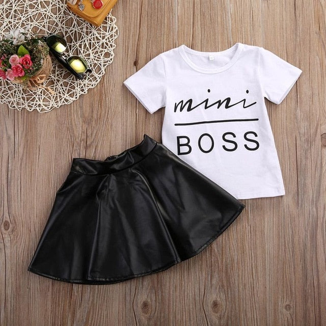 2Pcs Toddler Kids Girl Clothing Set T-shirt Tops + Leather Skirt Outfit