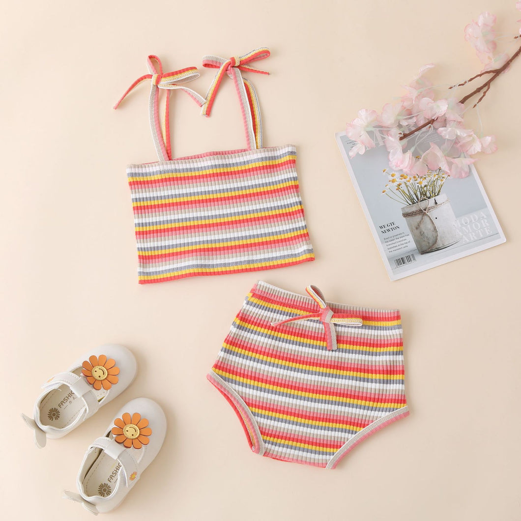 two-piece set ins style children's summer new product color pit striped sling +   shorts