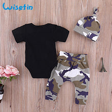 Load image into Gallery viewer, Stylish 3 Piece Kids Summer Outfit With Hat Black &amp; Camo print - smilybee
