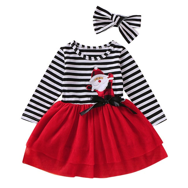 Toddler Girls Christmas Dress Santa Striped Print Tulle Dress+Headband Outfits Toddler Christmas Dress Girls Vestido Infantil