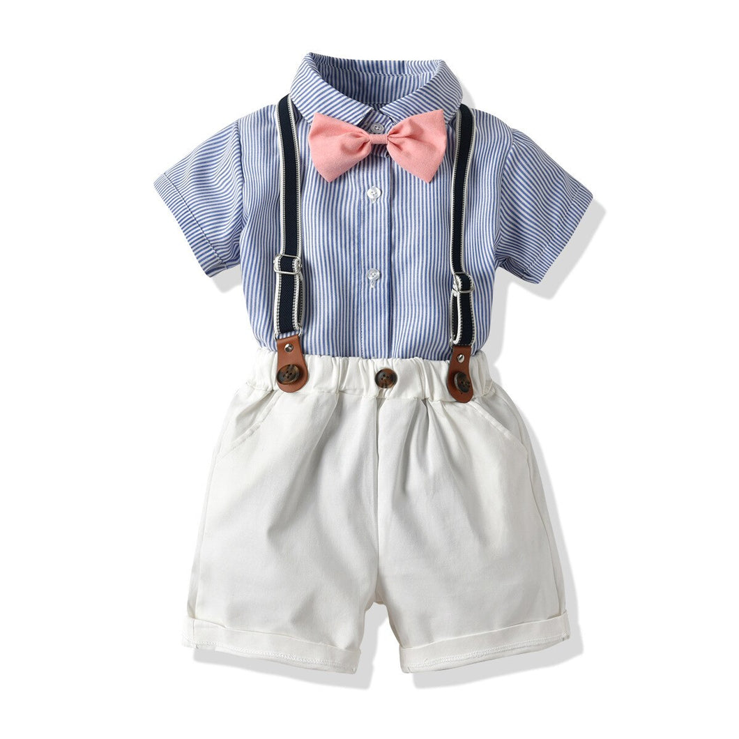 Baby Boy Gentleman Suit Summer Short-Sleeved Striped Shirt Bow Tie Shorts Strap Four-Piece Suit