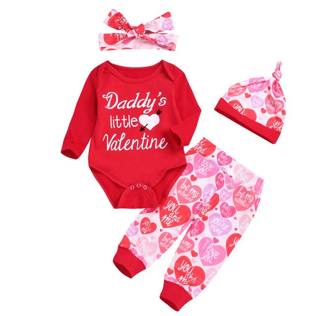 3Pcs Baby Boy Girl Daddy's little Valentine Romper Pants Hat Set
