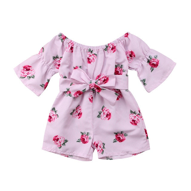 Baby Girl Romper Floral Belt Three Quarter Cotton Jumpsuit