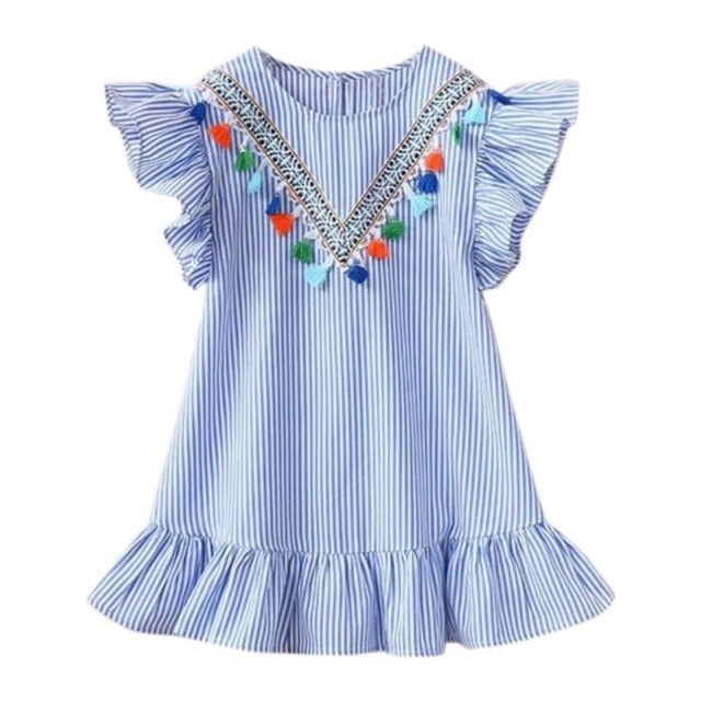 Baby Girls Tassel Flying Sleeve Dresses Stripe Cotton