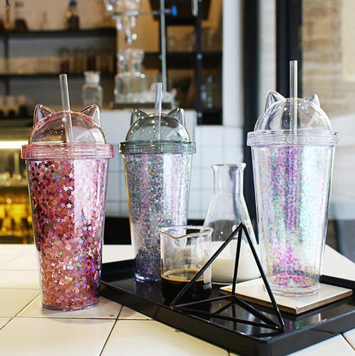 Plastic BPA Free Water Bottle with Straw Flash Cat Ear Double Drinking Bottle Gift for Friend Child Drinkware - smilybee