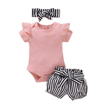 Load image into Gallery viewer, Baby Girls Romper Bowknot Shorts Headbands Set - smilybee
