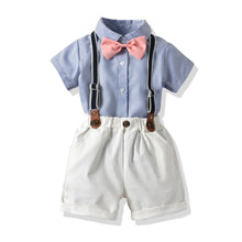 Load image into Gallery viewer, Baby Boy Gentleman Suit Summer Short-Sleeved Striped Shirt Bow Tie Shorts Strap Four-Piece Suit
