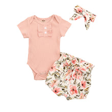 Load image into Gallery viewer, 3Pcs Baby Girl Outfit Set Solid Color Short Sleeve Ruffle Button Closure Romper Short Flower Waist Belt Pants Hair Band
