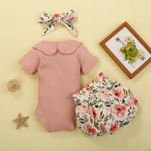 Load image into Gallery viewer, 3Pcs Baby Girl Outfit Set Solid Color Short Sleeve Ruffle Button Closure Romper Short Flower Waist Belt Pants Hair Band
