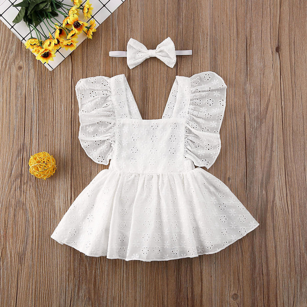 Baby Girl Clothes Solid Color Sleeveless Flower Ruffle Romper Dress Headband 2Pcs Outfits Cotton Clothes Set