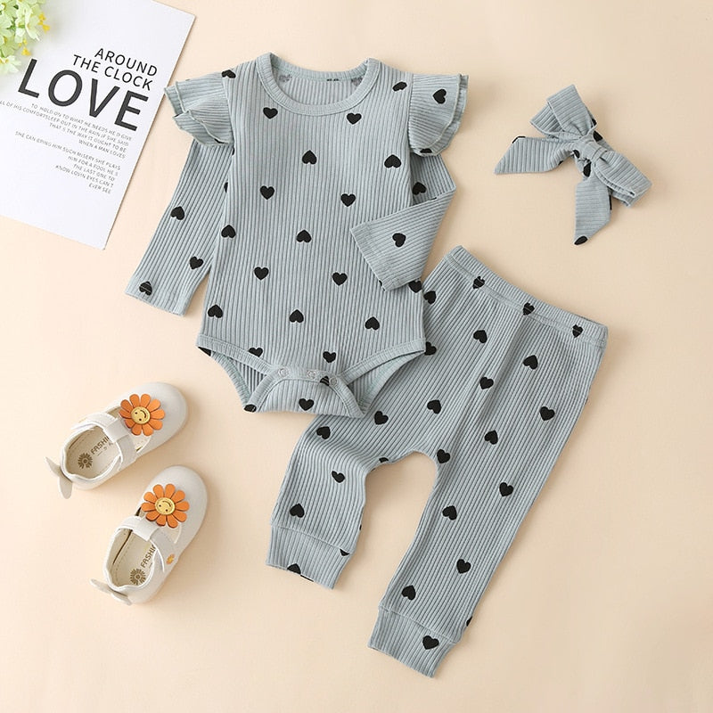 3Pcs Baby Autumn Korean Girl Casual Hang Striped Multicolor Long Sleeve Romper Love Print Three-piece Set