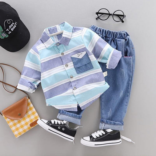 Baby boys clothes, spring striped shirt+ jeans 2pcs set - smilybee