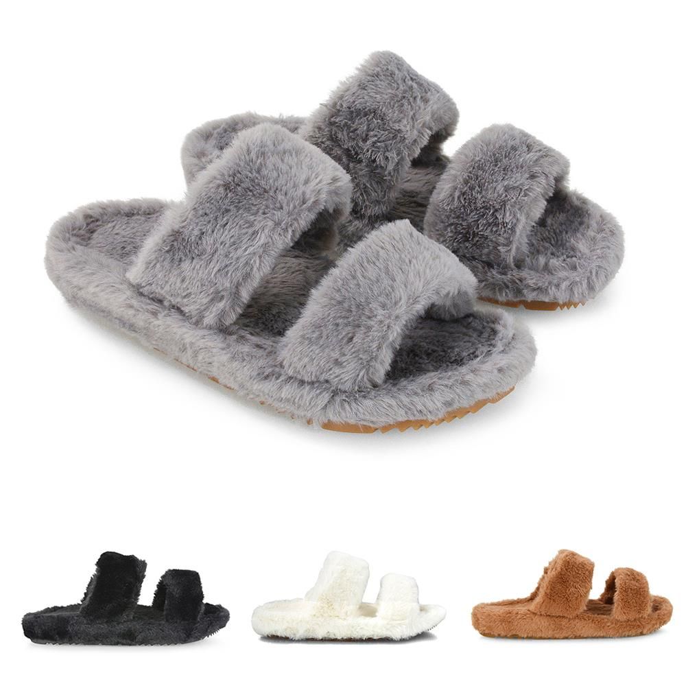 Womens Fluffy Double Strap Slippers Ladies Faux Fur Slip On Sliders Size 3-8